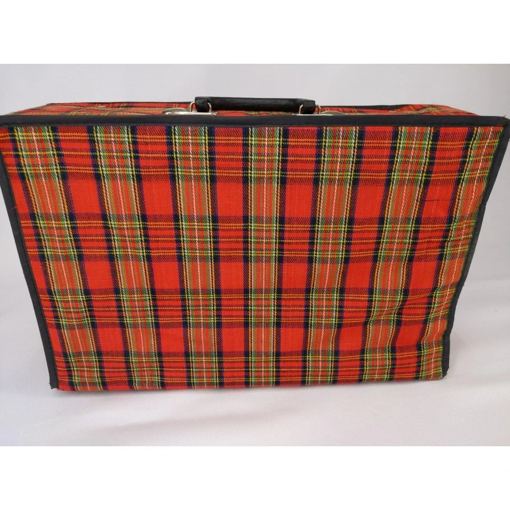 Vintage‎ 60s/70s Suitcase Red Plaid Folding Collapsible Travel Bag Carry On